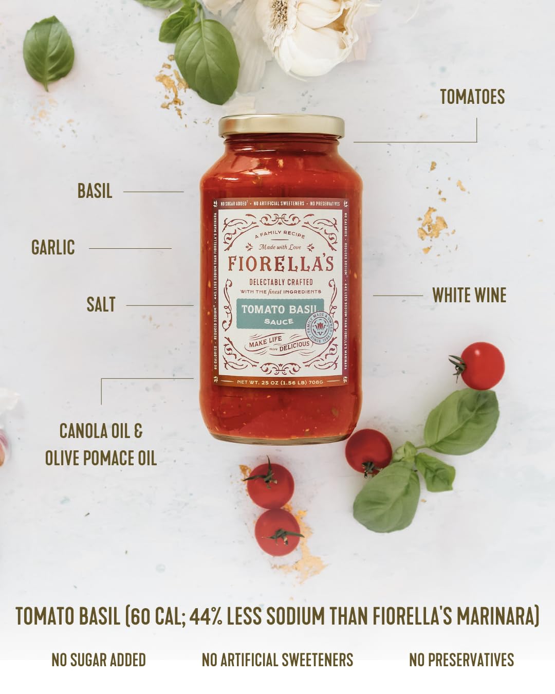 Fiorella's Tomato Basil Pasta Sauce - Tomato Sauce Made with Fresh Ingredients - No Sugar Added, Vegan, Gluten Free, No Preservatives Added, Reduced Sodium, Pasta Sauce, 25 Oz (Pack of 2)