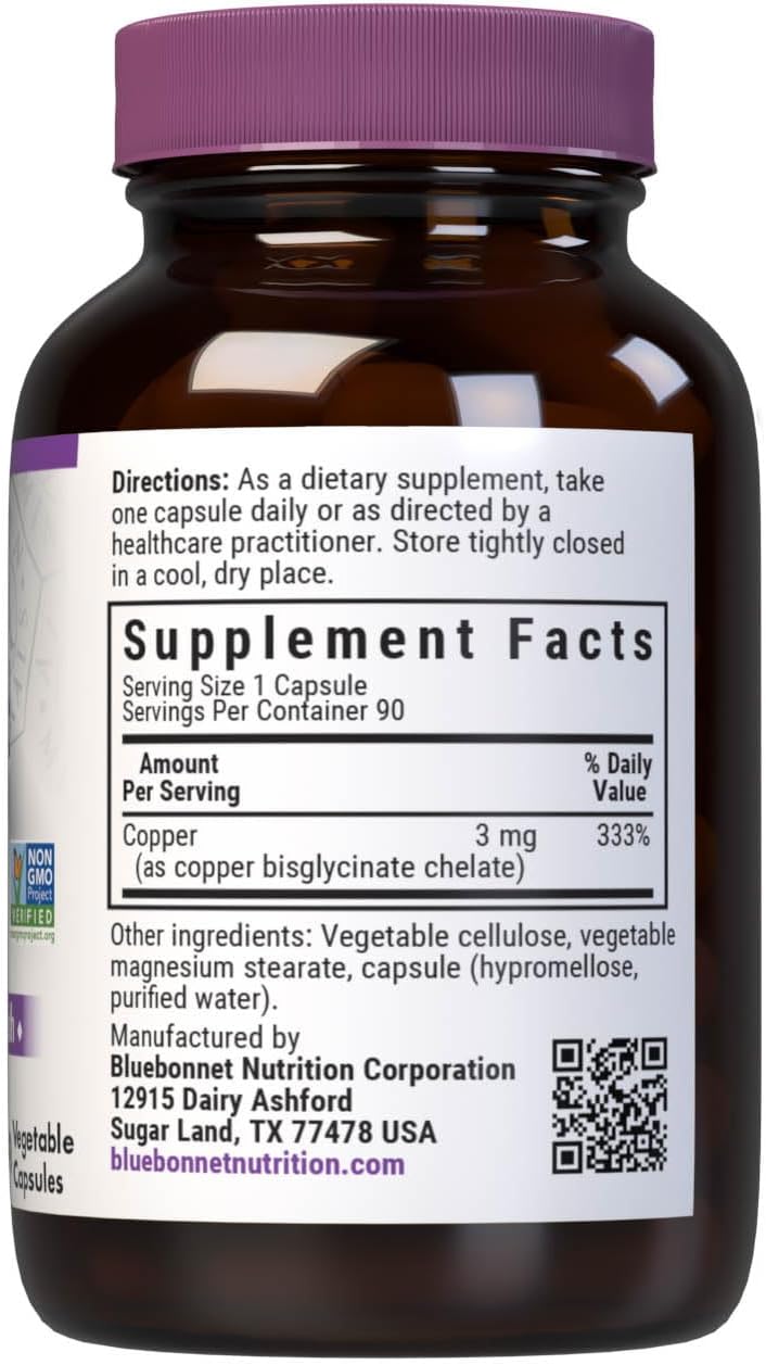 Bluebonnet Nutrition Albion Chelated Copper, 3 mg of Copper, For Nervous System & Immune Health*, Soy-Free, Gluten-Free, Non-GMO, Kosher Certified, Dairy-Free, Vegan, 90 Vegetable Capsule, 90 Servings