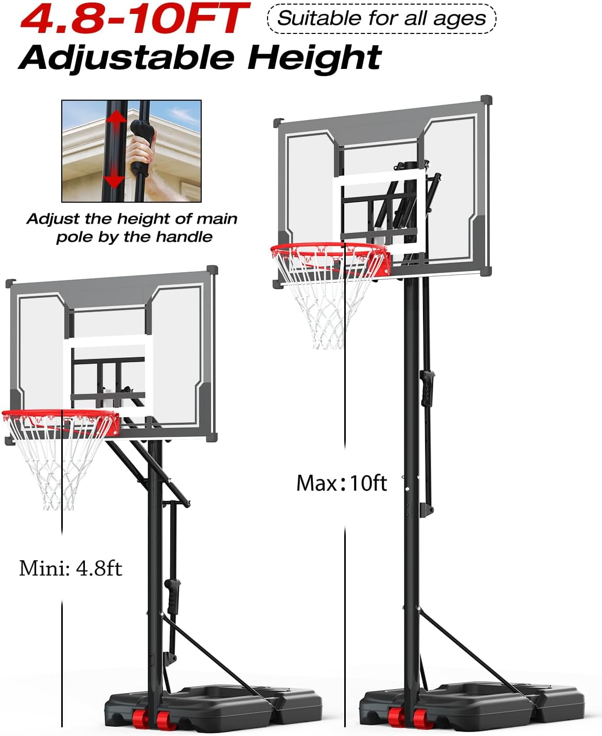Basketball Hoop Outdoor with 45 Inch Shatterproof Backboard, Portable Basketball Goal System 4.8-10ft Height Adjustable for Kids, Youth, Adults, Backyard/Driveway/Indoor