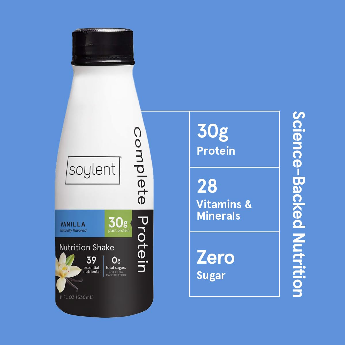Soylent Vanilla High Protein Shake, 30g Complete Protein, Vegan, Dairy Free and 0g Sugar, Ready to Drink Protein Drinks, 11 Oz, 36 Pack