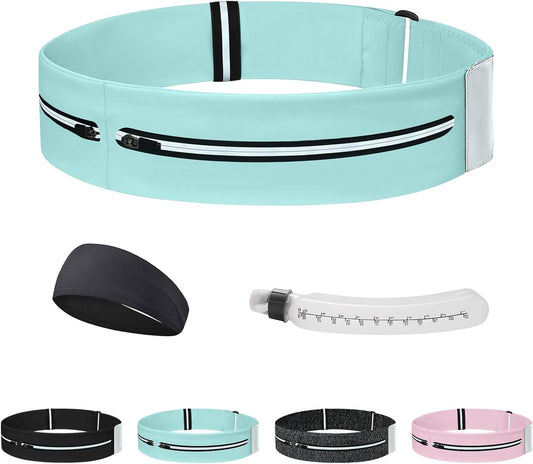 Running Belt for Women and Men, Adjustable Fanny Packs No Bounce Phone Holder for Running with Water Bottle & Headband, Waterproof Reflective Waist Packs for Runner Fits All Phones (M-Blue)