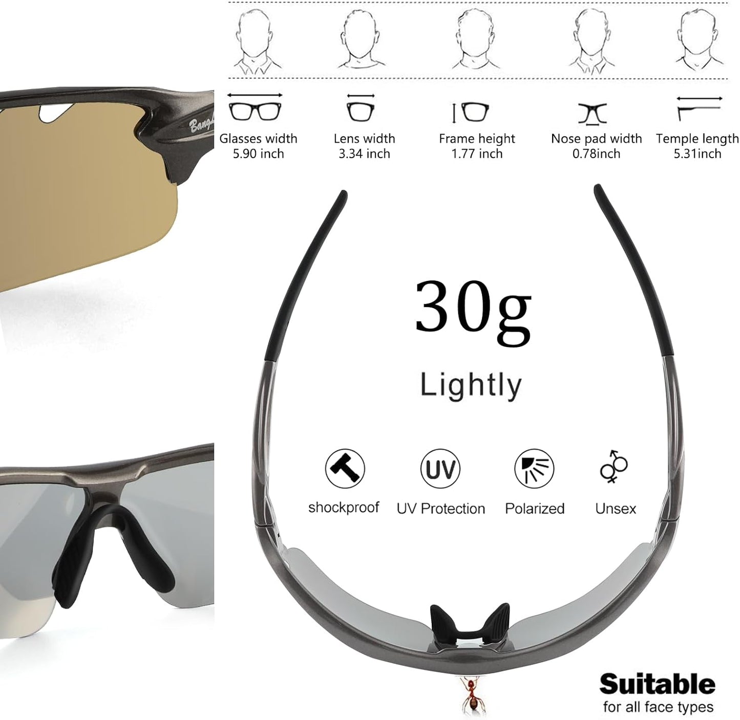 BangLong Polarized Sports Sunglasses Cycling Sun Glasses for Men Women with 5 Interchangeable Lenes for Running Baseball Golf