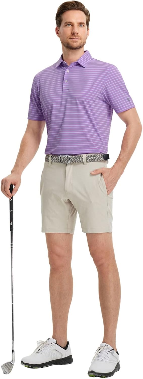 M MAELREG Golf Shirts for Men Moisture Wicking Striped Polo Performance Dry Fit Business Sports Mens Polo Shirts Short Sleeve