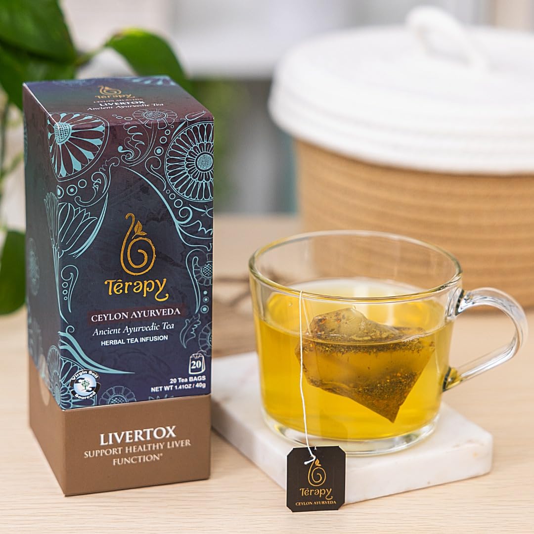 Térapy Ceylon LIVERTOX Organic Herbal Tea Bags | Helps with Liver Kidney Cleanse Detox & Repair | 100% Natural Ayurvedic Ingredients including Turmeric, Aloe Vera and Lemongrass | 20 Individually Wrapped Tea Bags