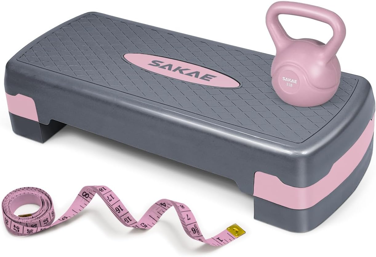 Adjustable Height Aerobic Stepper Set, Multiple Bundle Options with Dumbbells, Kettlebell, Waist Trimmer, Ankle Weights or Weighted Vest, Workout Exercise Step Platform w/Level Risers, 4 Colors