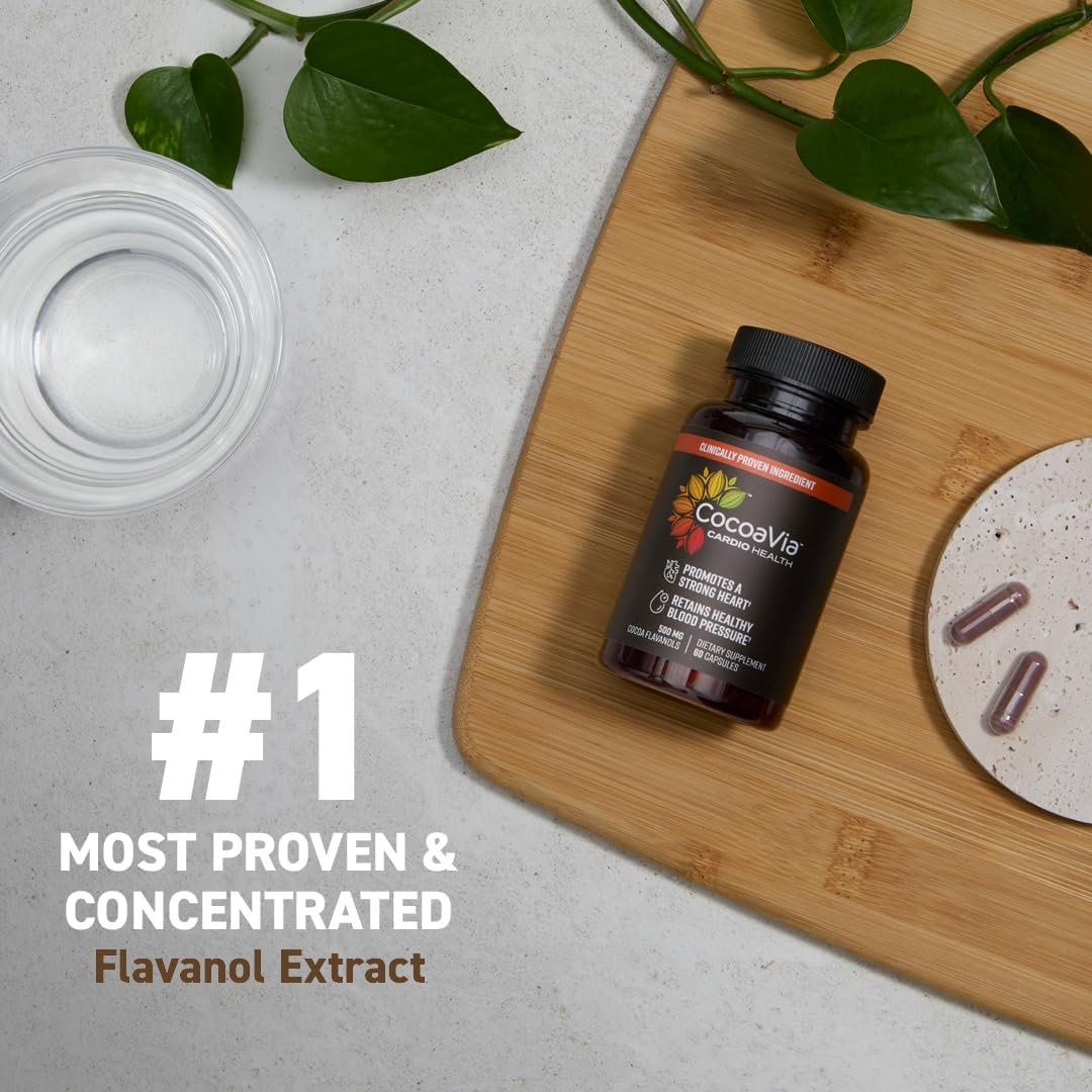 CocoaVia Cardio Health Supplement, 30 Day, 500mg Cocoa Flavanols, Support Heart Health, Boost Nitric Oxide, Blood Circulation, Energy, Vegan, Dark Chocolate, 60 Capsules