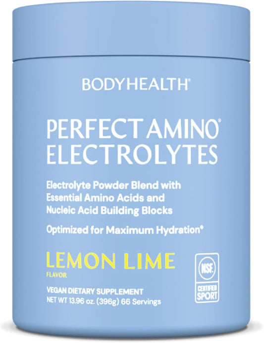 BodyHealth PerfectAmino Electrolytes Powder No Sugar, Hydration Fasting Keto Zero Sugar Electrolytes Drink Mix with Trace Minerals - NSF Certified for Sport - Lemon Lime - 66 Servings