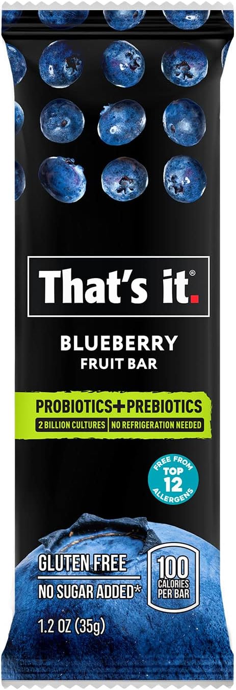 That's it. Probiotic Fruit Bar Variety Pack, Mango & Blueberry Flavors, Just Real Fruit + Probiotics, 100 Calories Per Bar, All Natural, 2-3 Ingredients, Shelf Stable, Allergy-Friendly (12 Count)