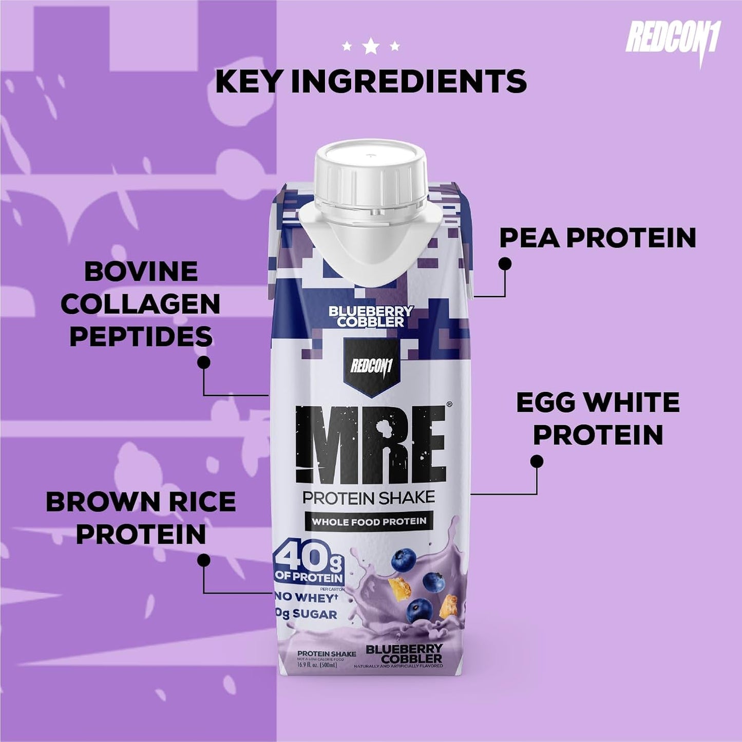 REDCON1 MRE Ready to Drink Protein Shakes, Blueberry Cobbler - Lactose + Whey Free RTD Protein Made with Real Whole Food Protein Blends - Keto-Friendly and Easy to Digest Nutritional Shake (12 Pack)