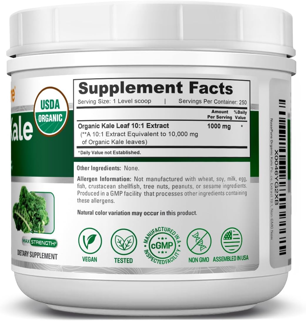 NusaPure Organic Kale Powder 10,000mg per Serving, 8.8 Ounce, Extract 10:1, Non-GMO