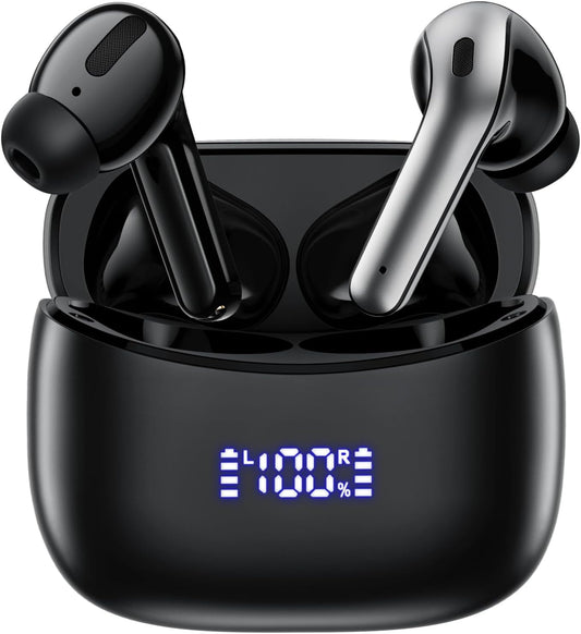 Wireless Earbuds, Bluetooth Ear Buds Headphones, 60H Long Playtime, Stereo Deep Bass, LED Power Display, IPX7 Sport Waterproof, Lightweight in-Ear Earphones with Mic for iPhone Android PC TV Computer