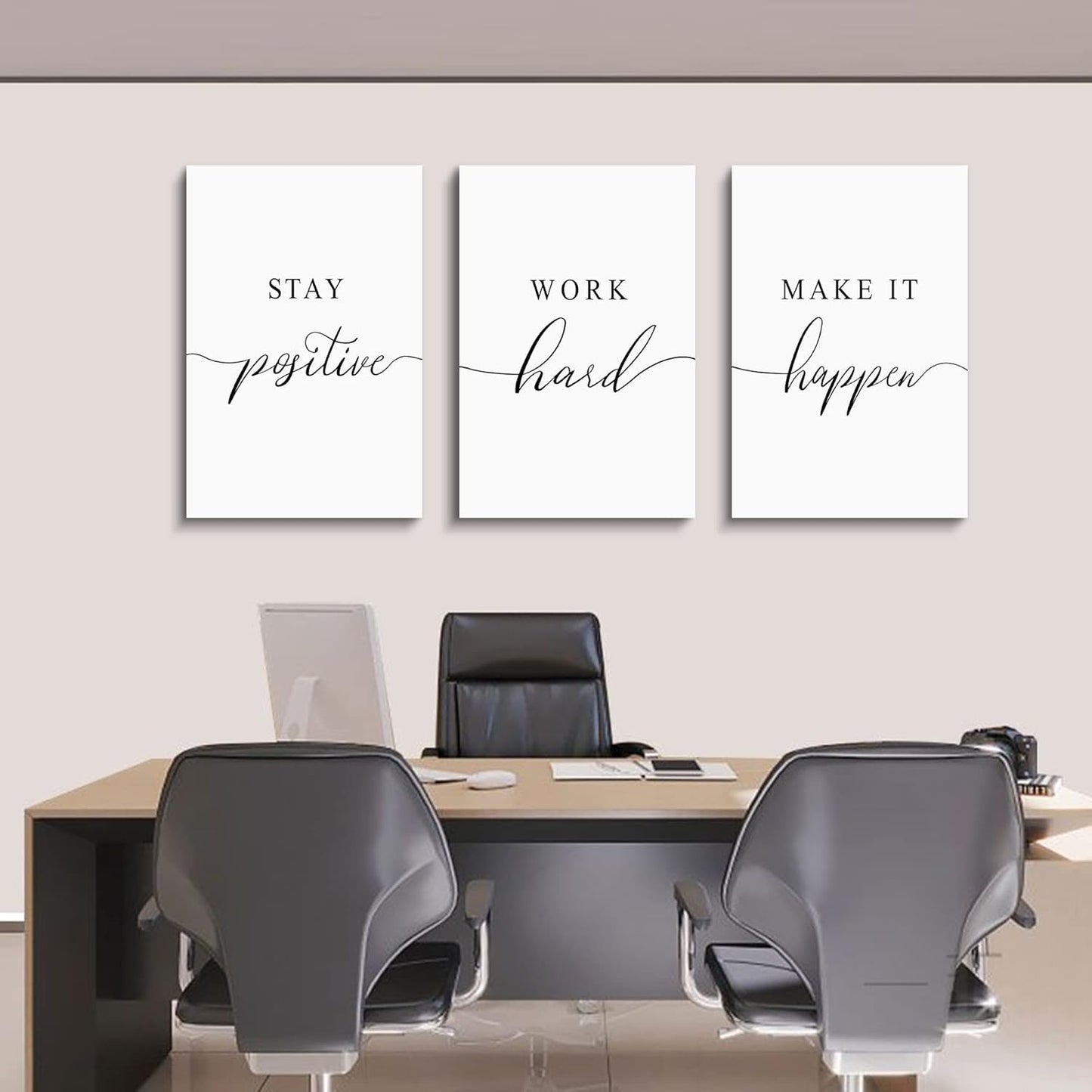 Framed Canvas Wall Art Work Quote, Office Wall Art Decor, Stay positive work hard make it happen, gift for father, boss gift, Inspirational Prints, Motivaional Wall Art (G-3pcs,16x24inchx3pcs)