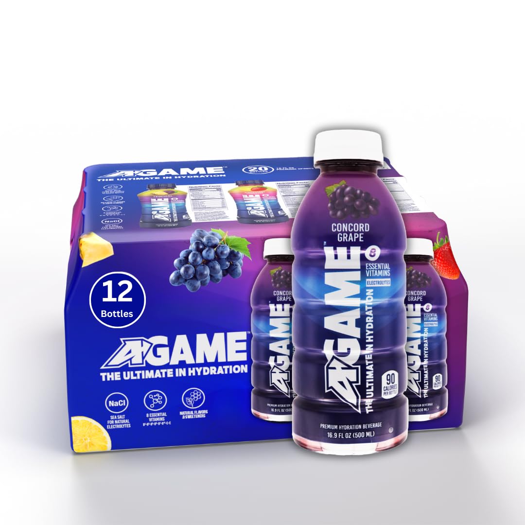 A-GAME Sports Drink, Concord Grape, The Ultimate Hydration Sports Beverage for Athletes, 8 Essential Vitamins including B, C, & E plus Natural Sea Salt Electrolytes, All Natural Flavors & Sweeteners, Gluten Free, 16 Fl Oz (Pack of 12)