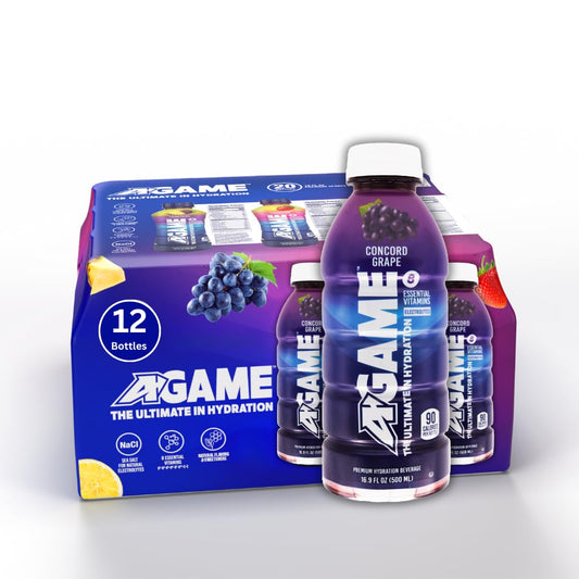 A-GAME Sports Drink, Concord Grape, The Ultimate Hydration Sports Beverage for Athletes, 8 Essential Vitamins including B, C, & E plus Natural Sea Salt Electrolytes, All Natural Flavors & Sweeteners, Gluten Free, 16 Fl Oz (Pack of 12)