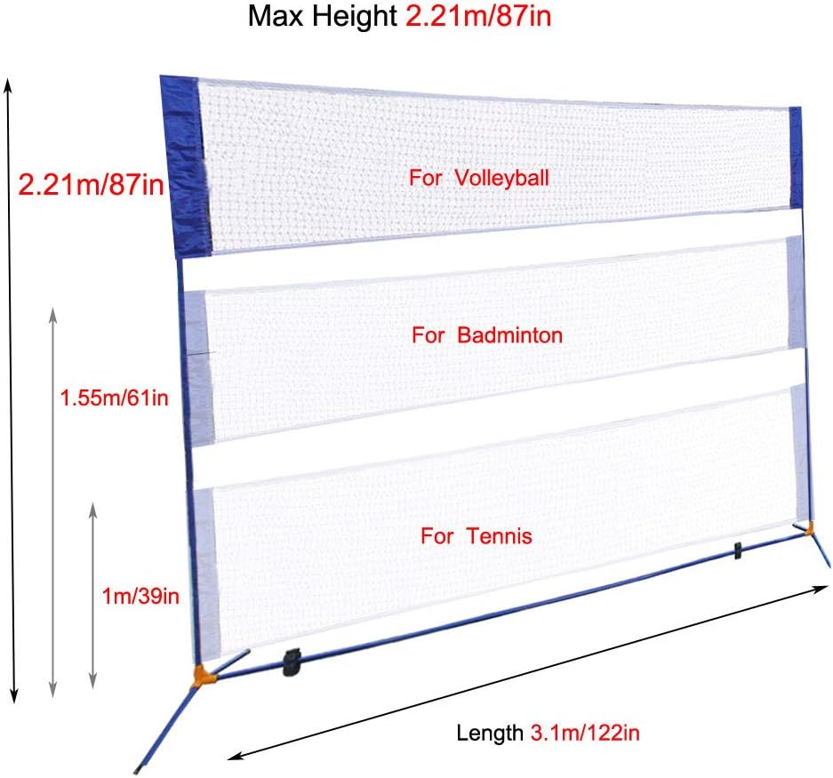 Portable Height Adjustable Badminton Volleyball Tennis Net Set Multi-Purpose Sports Equipment with Poles Stand and Carry Bag for Kids Adult Outdoor Exercise