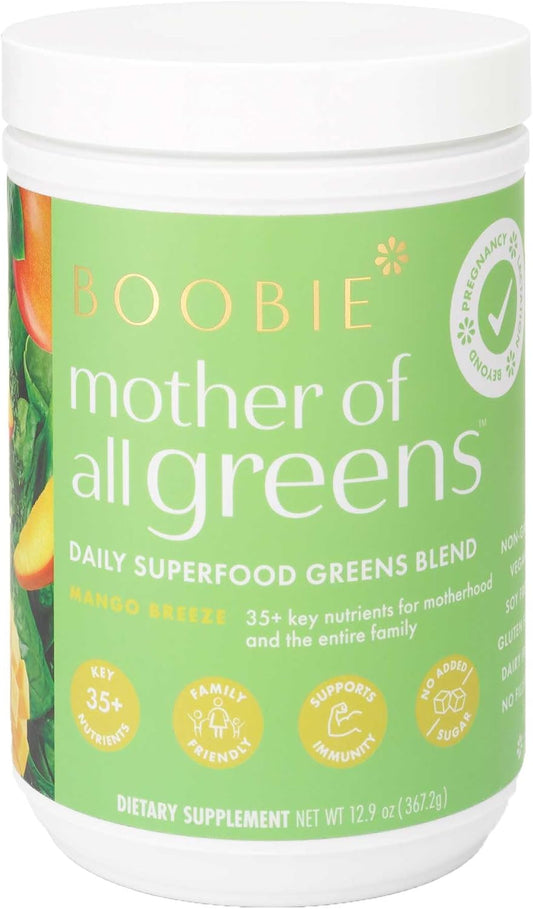 Boobie Mother of All Greens | Your New Family Ritual, Daily Super Greens Powder with 35+ Essential Nutrients for Moms & Families | Vegan, Gluten Free, & Sugar Free | Mango Flavor, 60 svgs