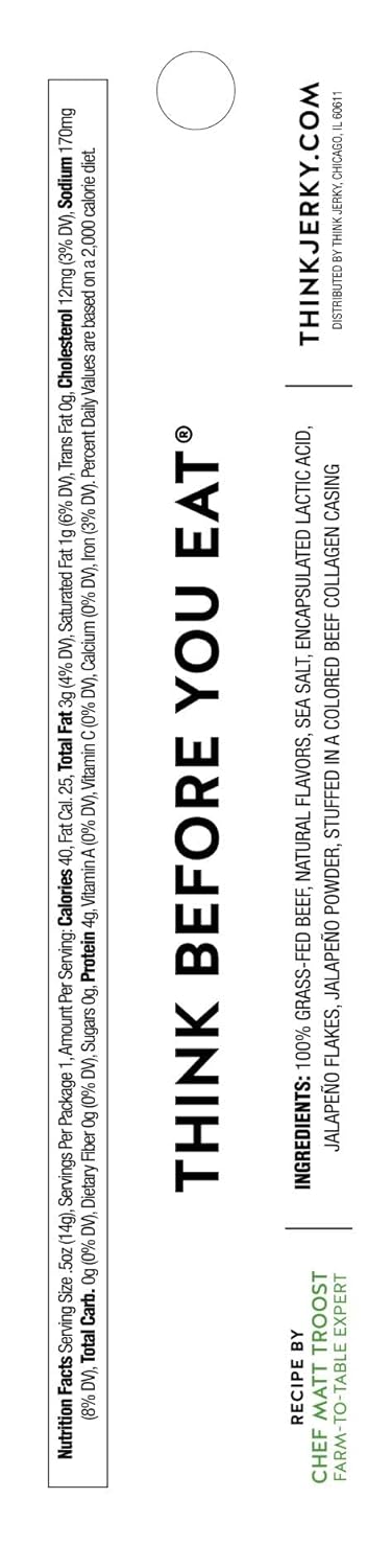 Think Jerky Jalapeno Beef Sticks, Gluten and Sugar Free, No Nitrates, Keto Paleo Friendly High Protein Low Carb Meat Snack - 0.5 oz Sticks, 20 Pack