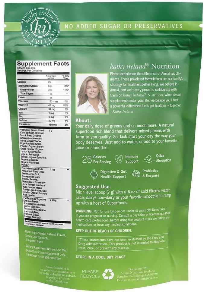 kathy ireland Nutrition Plant Based Super Greens Powder Mix, Watermelon, 9.5oz