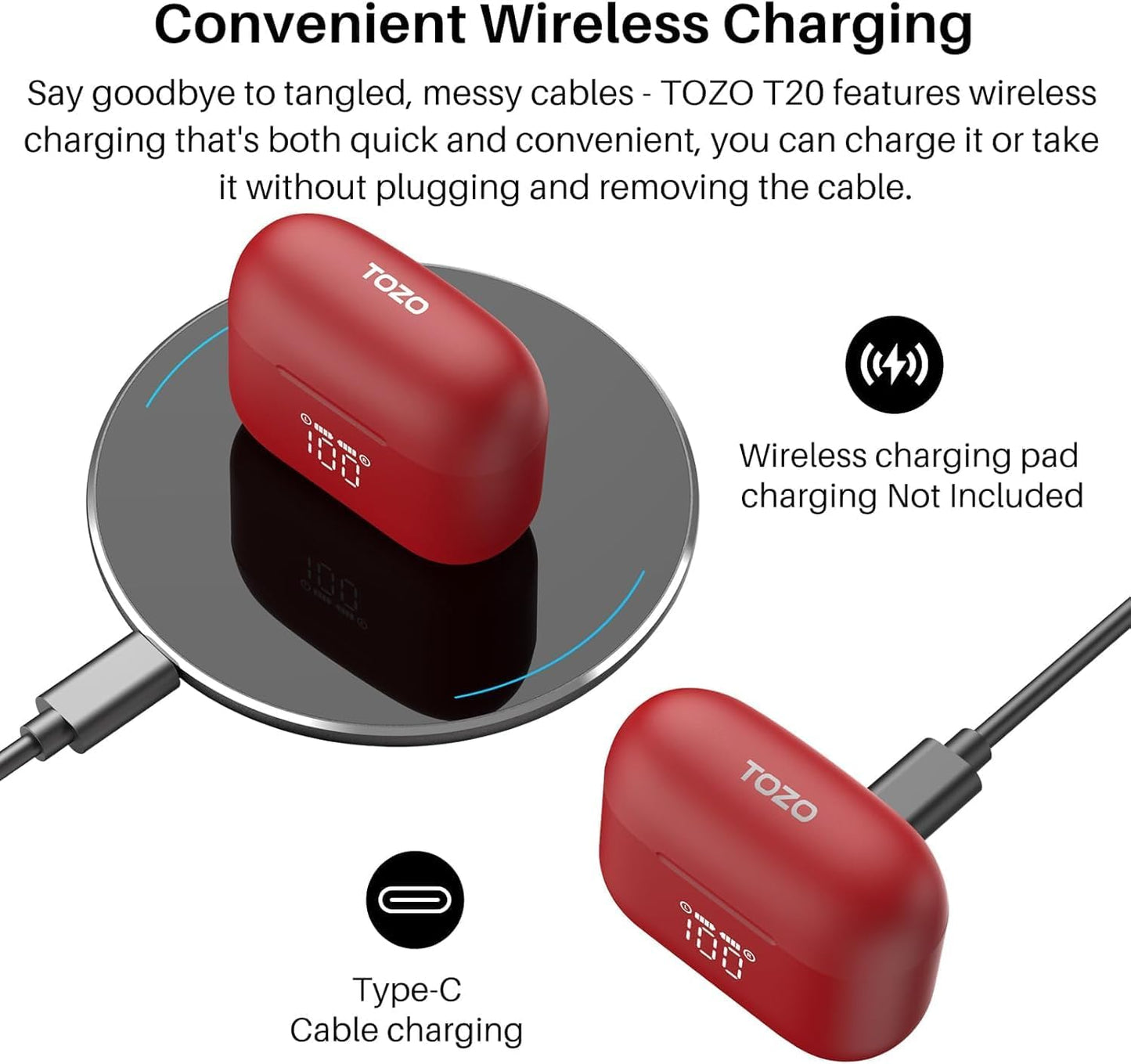 TOZO T20 Wireless Earbuds Bluetooth Headphones 48.5 Hrs Playtime with LED Digital Display, IPX8 Waterproof, Dual Mic Call Noise Cancelling 10mm Broad Range Speakers with Wireless Charging Case