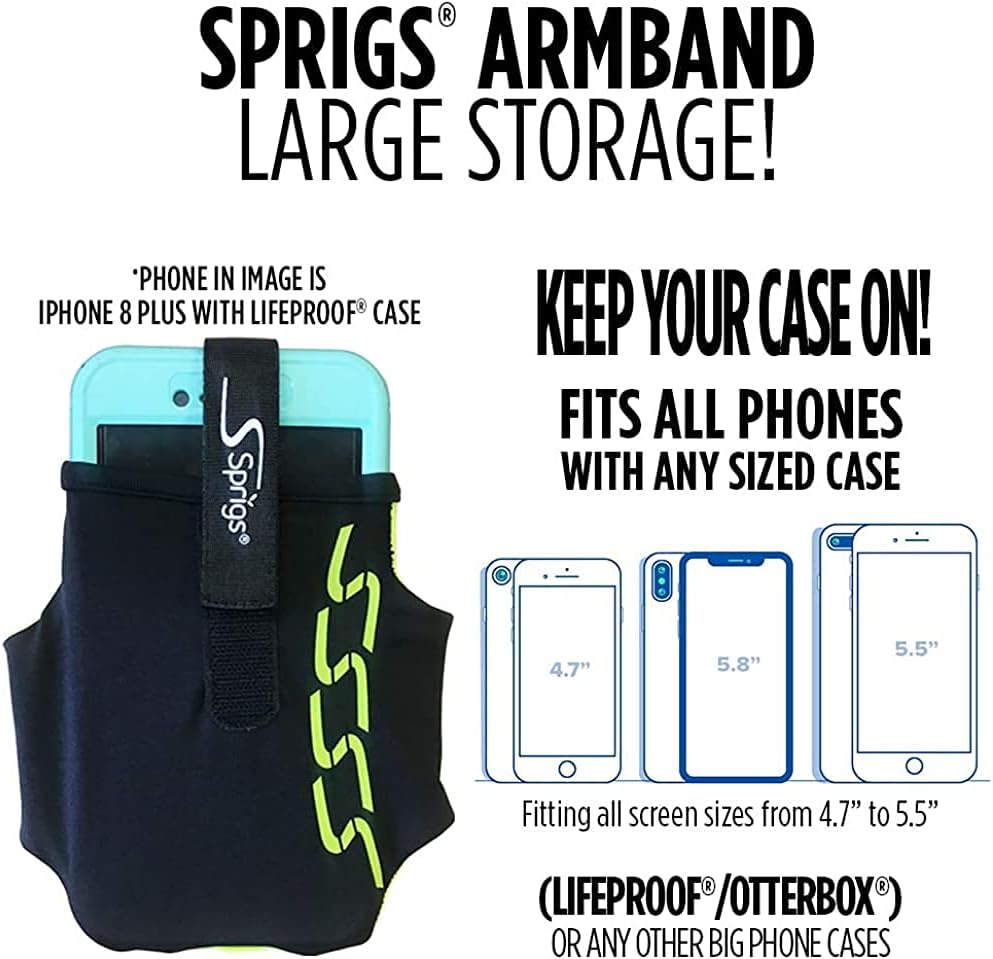 Sprigs Phone Armband Sleeve for iPhone 14, 13, 12, 11, X Galaxy Z, S22, S21, S20 Google Pixel 7, 6, 5. The Lightest & Most Comfortable Running Armband, Stretches to Fit All Phones with Case for Women & Men