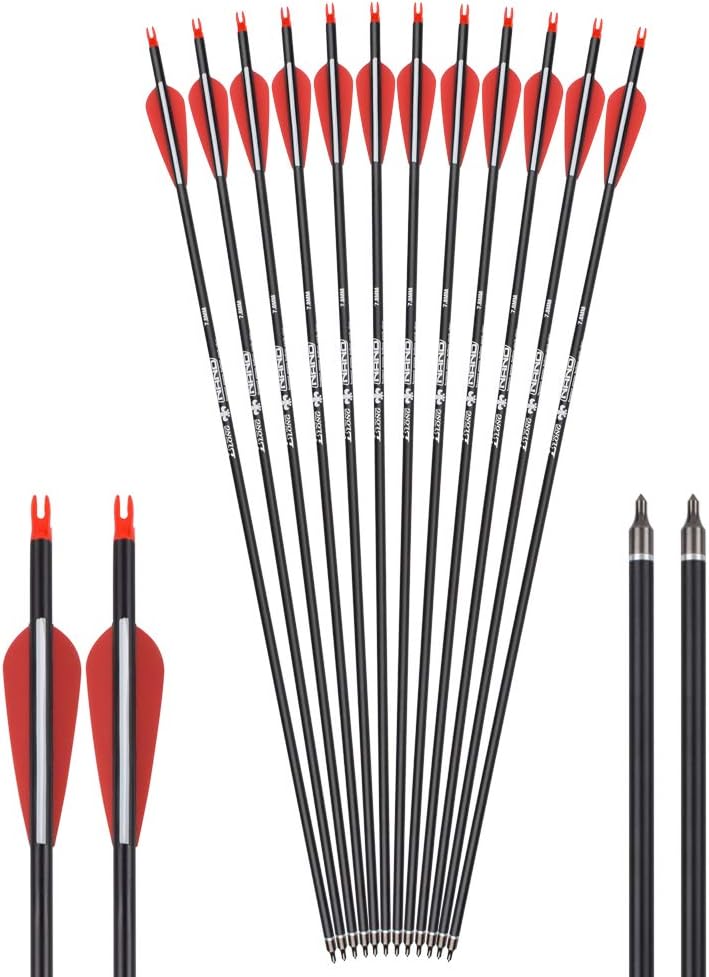 YLS Archery 26/28/30Inch Carbon Arrow Practice Hunting Arrows with100 Grain Removable Tips for Compound & Recurve Bow(Pack of 12)