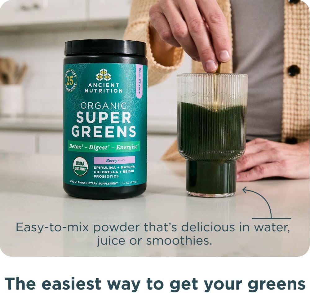 Ancient Nutrition SuperGreens Powder with Probiotics, Organic Berry Flavor Greens, Made from Real Fruits, Vegetables and Herbs, Digestive and Energy Support, 25 Servings, 6.7oz