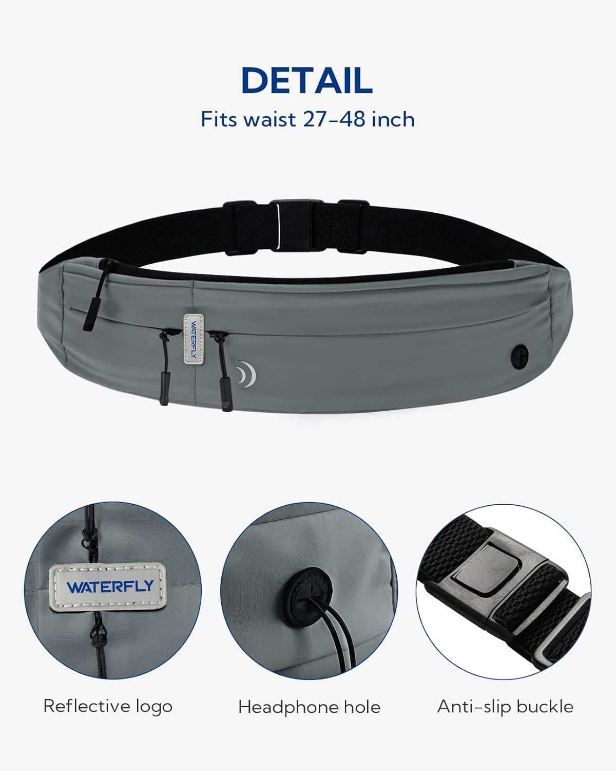 WATERFLY Running Belt Fanny Pack: Runner Marathon Jogging Waist Pack Sport Workout Exercise Fitness Phone Holder Belt for Men Women Jogger Slim Waistband Dark Grey