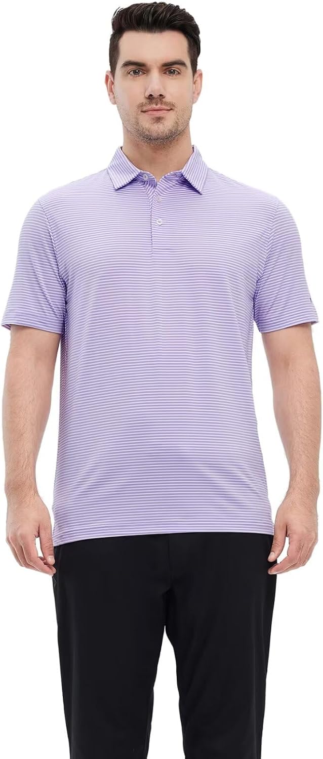 Men's Golf Polo Shirts Short Sleeve Striped Performance Moisture Wicking Dry Fit Golf Shirts for Men
