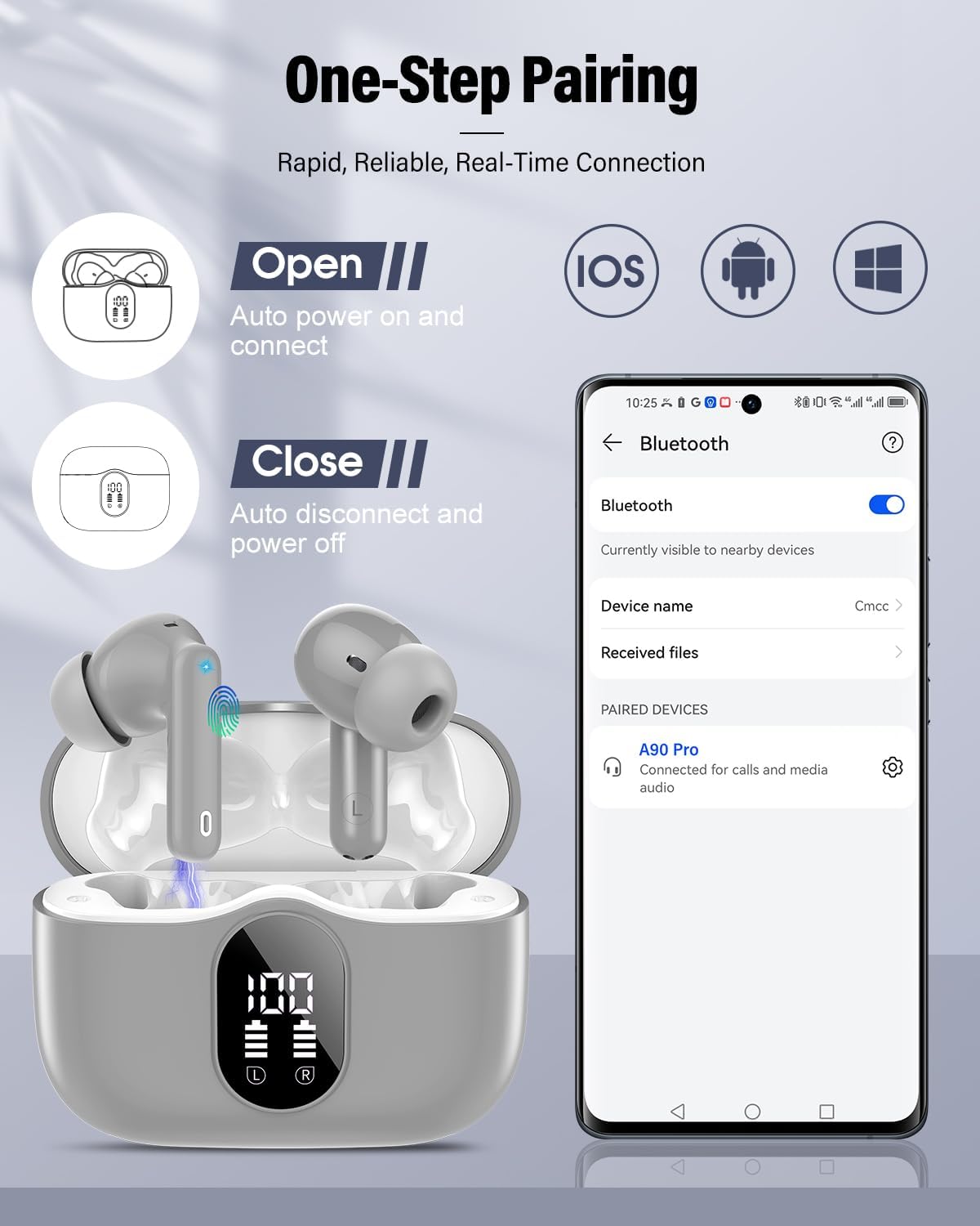 Wireless Earbuds, Bluetooth 5.4 Headphones Bass Stereo, Ear Buds with Noise Cancelling Mic, IP7 Waterproof in Ear Earphones, 36H LED Display Bluetooth Earbuds for Laptop Pad Phones Sports, Grey