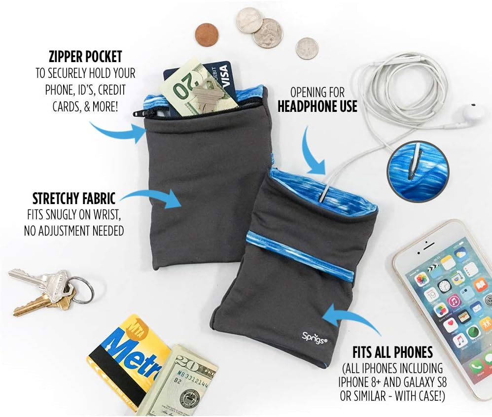 Sprigs Banjees 2 Pocket Wrist Wallet/Wrist Band/Wrist Pocket for Travel, Walking, & Running. Wallet Pouch That Holds Cash, Card, ID's, and More