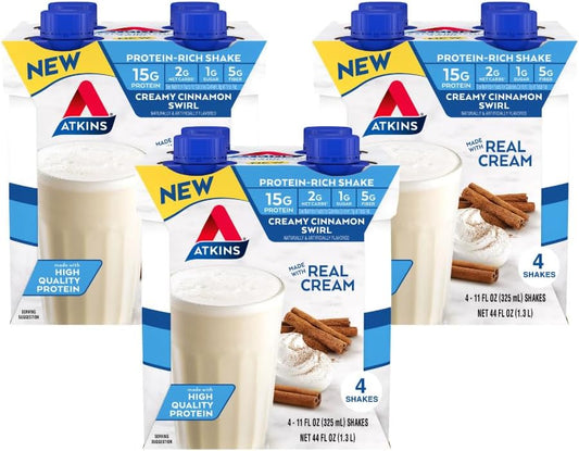 Atkins Creamy Cinnamon Swirl Protein Shake, 15g Protein, Low Glycemic, 2g Net Carb, 1g Sugar, Keto Friendly, 12 Count