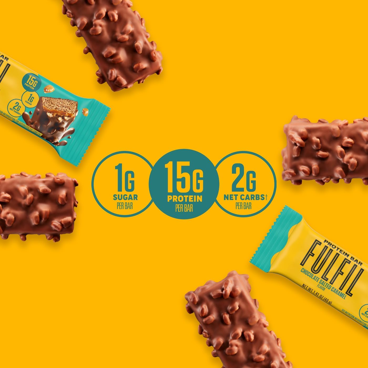 FULFIL Protein Snack Bars, Chocolate Salted Caramel Flavored, Gluten Free with 15g Protein, Pantry Staples, 12 Count