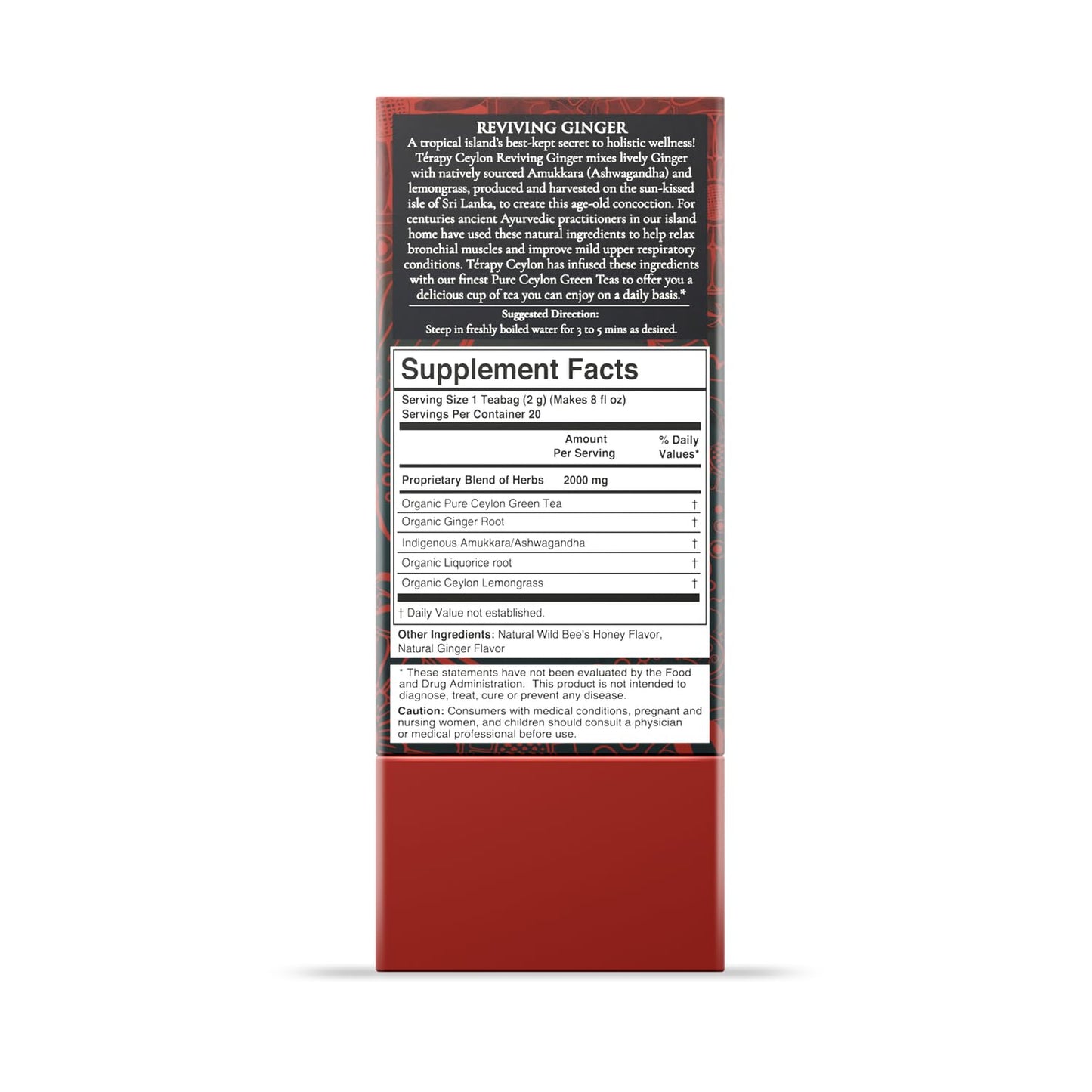 Térapy Ceylon GINGER & HONEY Tea | Organic Herbal Tea Bags | 100% Natural Ayurvedic Ingredients Including Organic Ginger, Wild Bee’s Honey, Ashwagandha & Lemongrass | 20 Individually Wrapped Tea Bags