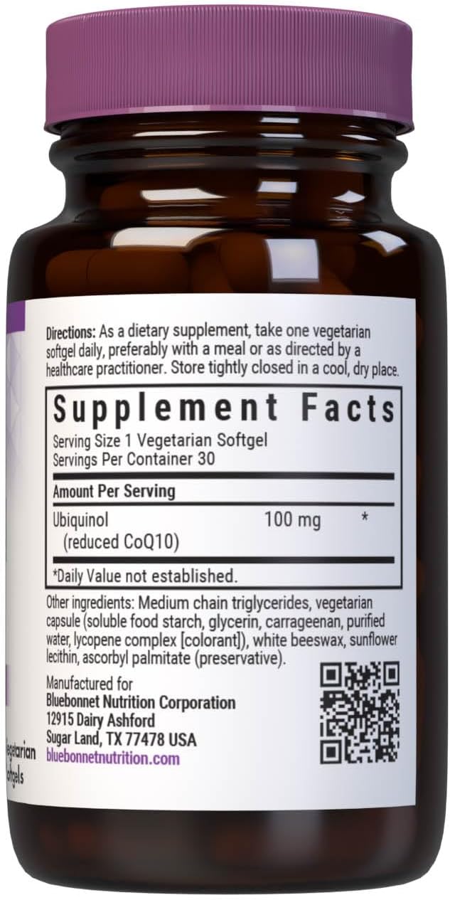 Bluebonnet Nutrition Cellular Active CoQ10 Ubiquinol 100 mg, Energy & Heart Health*, Non-GMO, Gluten-Free, Soy-Free, Vegetarian Friendly, 30 Vegetable Softgels, 30 Servings