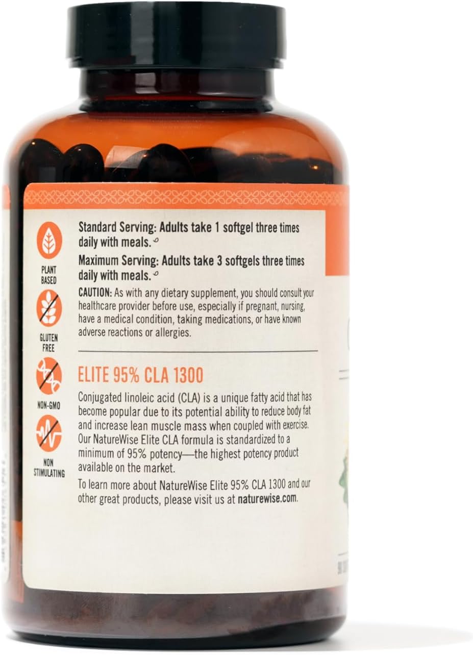 NatureWise CLA 1300 - 95% Active Conjugated Linoleic Acid for Women and Men, Not Stimulating, Supports Weight & Fitness Goals - Non-GMO, Gluten Free - 90 Softgels[1-Month Supply]