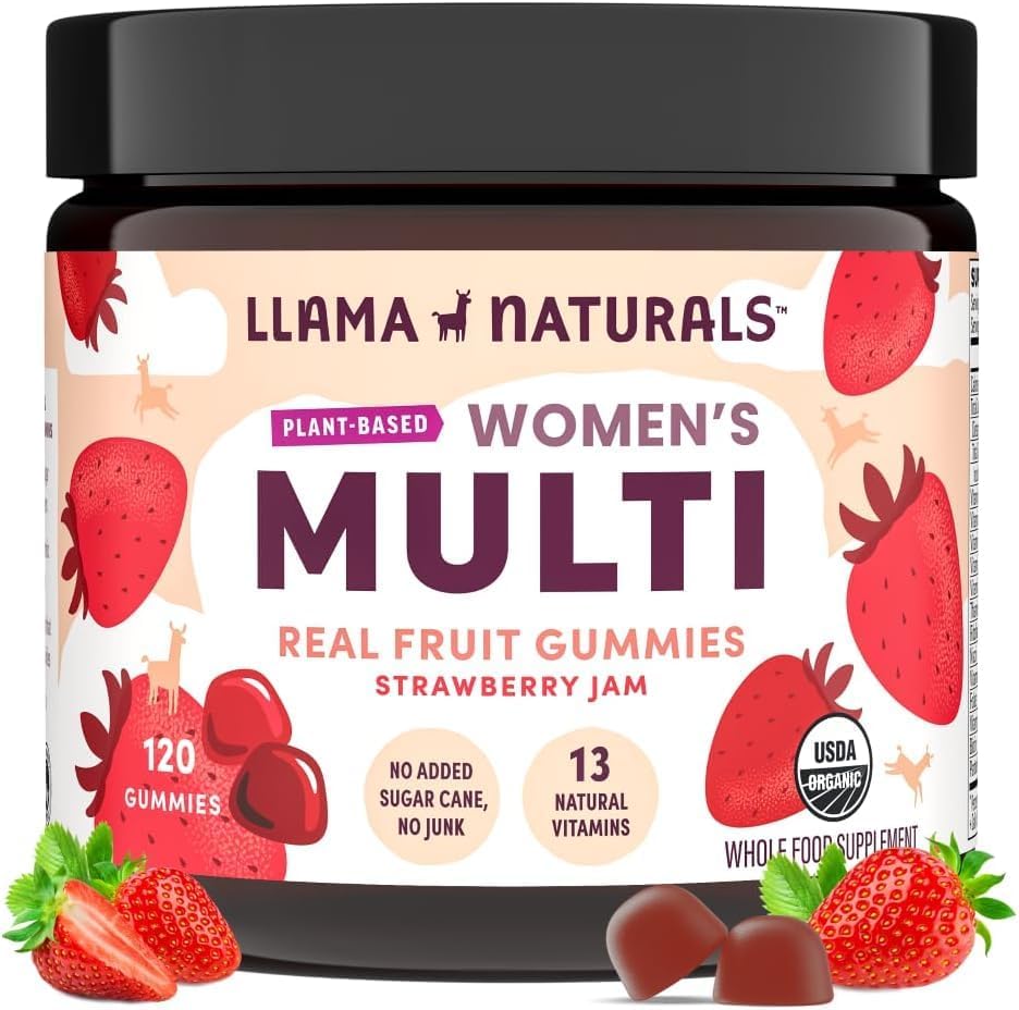 Llama Naturals Multivitamin for Women, Vegan, Organic Gummies with Vitamin D, C and K, Women's Real Fruit Gummy Vitamins, Chewable Multivitamin Supplement, No Added Sugar Cane, Strawberry, 120 Ct