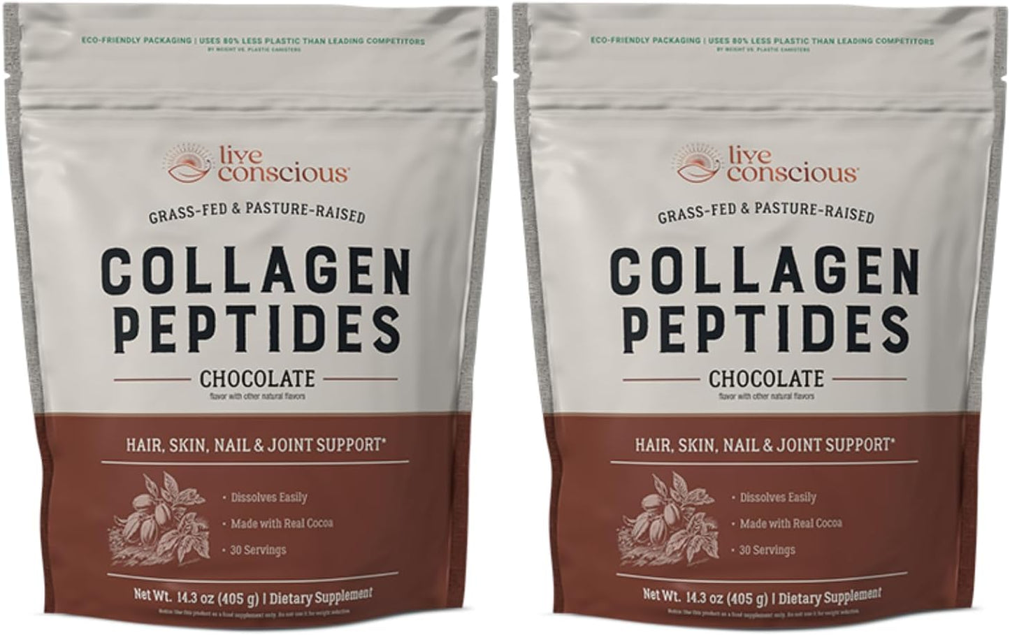 Live Conscious Collagen Peptides Powder - Chocolate Collagen Powder - Hair, Skin, Nail, and Joint Support - Type I & III Grass-Fed Collagen Supplements for Women and Men (2-Pack)