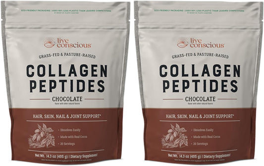 Live Conscious Collagen Peptides Powder - Chocolate Collagen Powder - Hair, Skin, Nail, and Joint Support - Type I & III Grass-Fed Collagen Supplements for Women and Men (2-Pack)