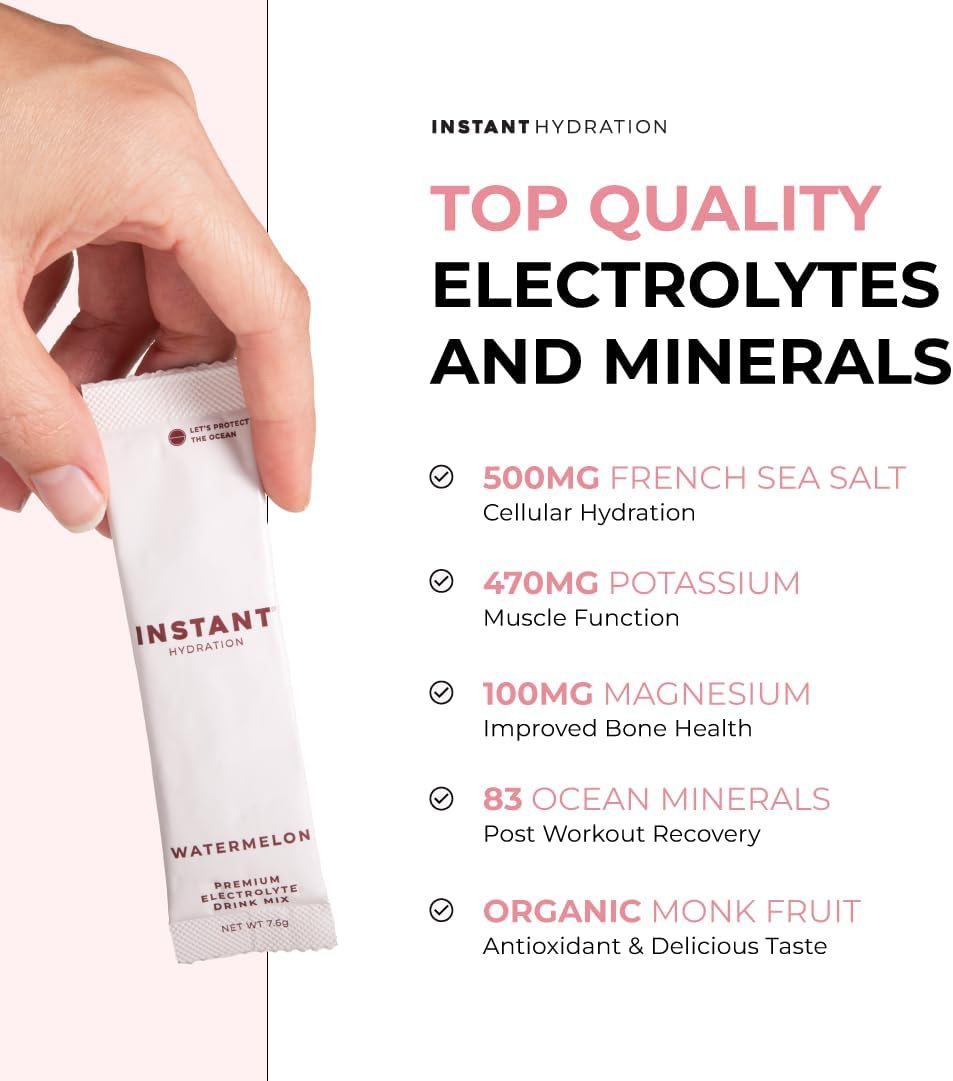Instant Hydration Electrolytes Powder Packets - Watermelon Electrolyte Drink Mix - Zero Sugar - Keto, Vegan, Gluten-Free, Non-GMO - Boost Recovery, Brain Health, Muscle & Tissue Support- 30 Sticks