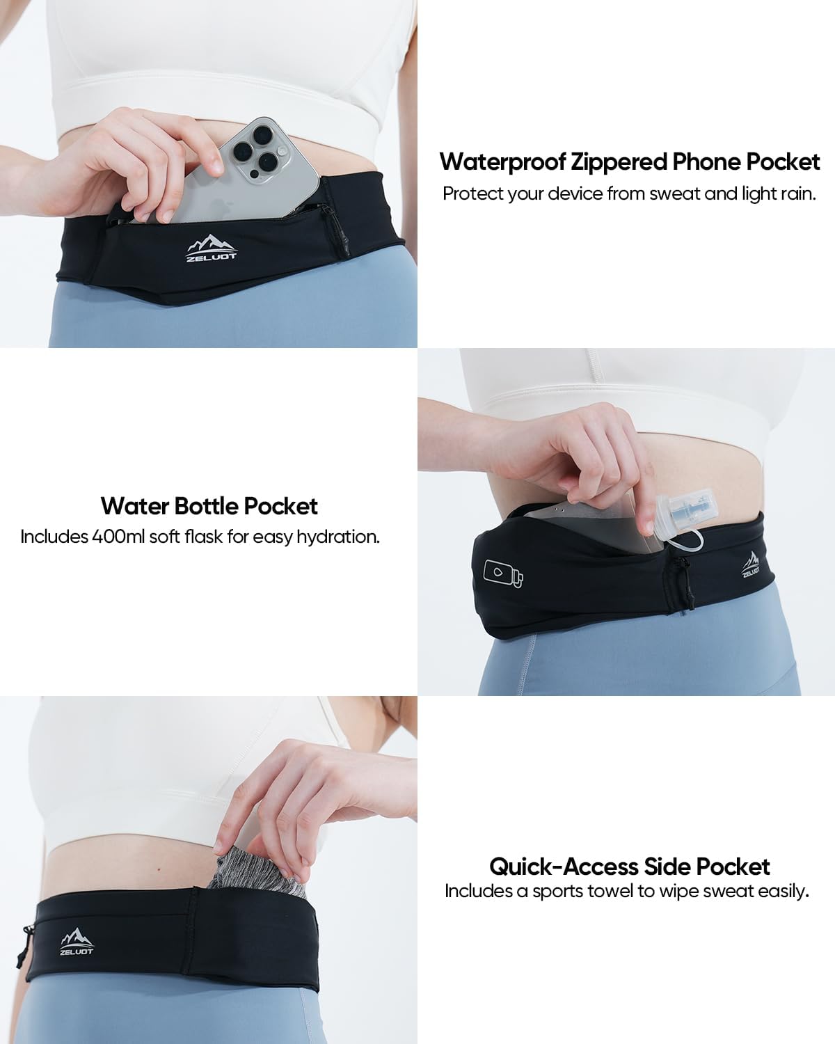 Running Belt with 400ml Soft Flask, Extension Strap & Phone Holder, Adjustable Running Fanny Pack with Gym Towel, Waterproof Belt Bag for Women Men for Jogging Marathon (Black, Large)