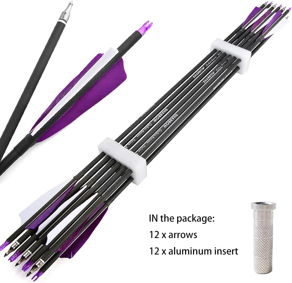 ZSHJGJR 30 Inch Archery Carbon Arrows Hunting Arrows with 4” Turkey Feather Target Practice Arrows Spine 500 for Compound & Recurve &Traditional Bow 6/12pcs