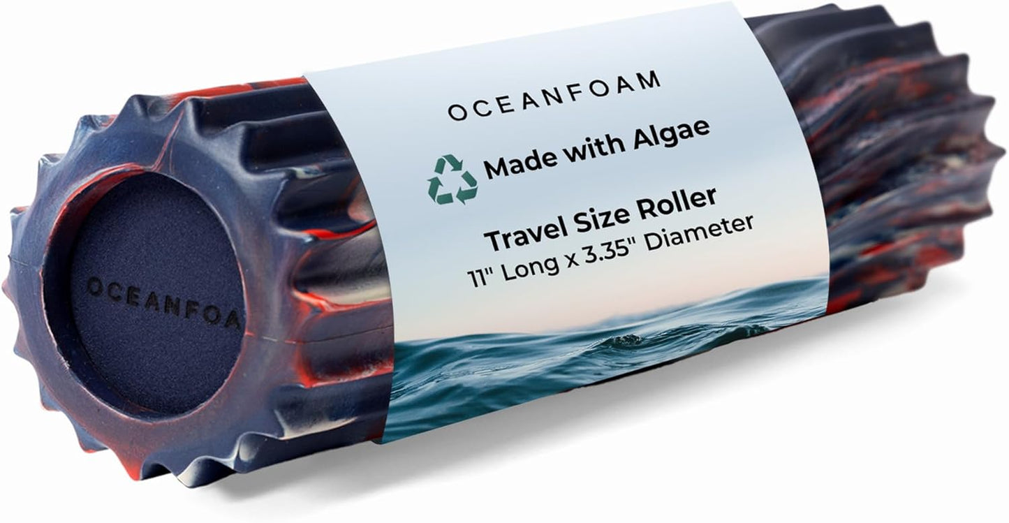 Oceanfoam Ripple Travel Foam Roller (11" x 3.35") Firm Mini Foam Roller for Physical Therapy, Deep Tissue Massage, Back Pain - High Density, Wave Textured - Yoga (Red, Dark Navy & Natural Marbled)