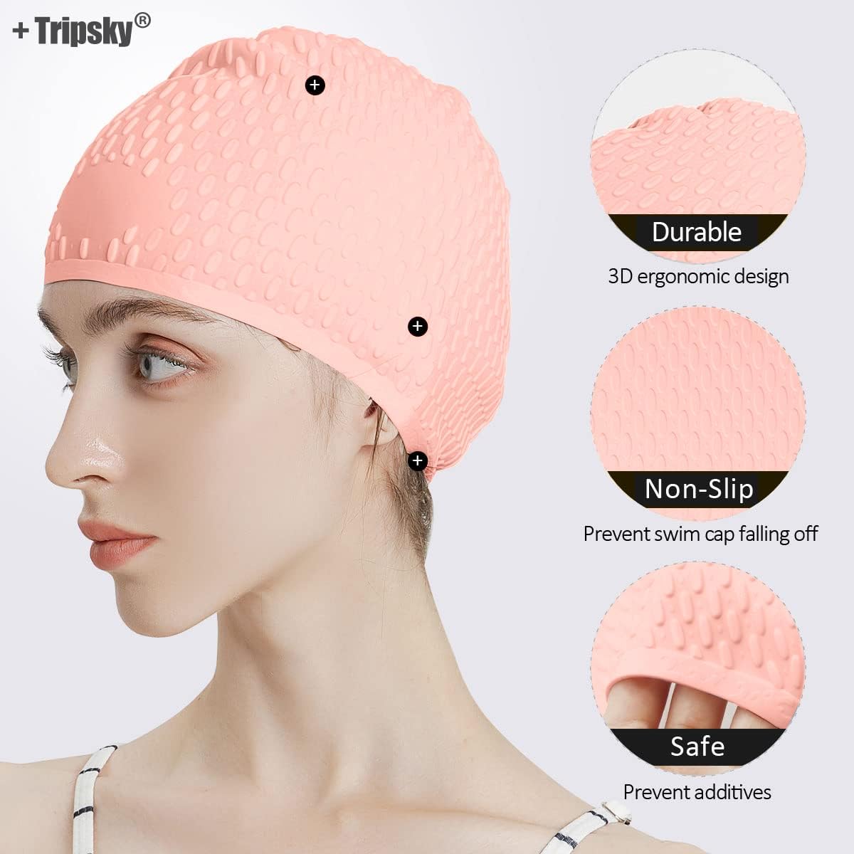 Tripsky Silicone Swim Cap,Comfortable Bathing Cap Ideal for Curly Short Medium Long Hair, Swimming Cap for Women and Men, Shower Caps Keep Hairstyle Unchanged…