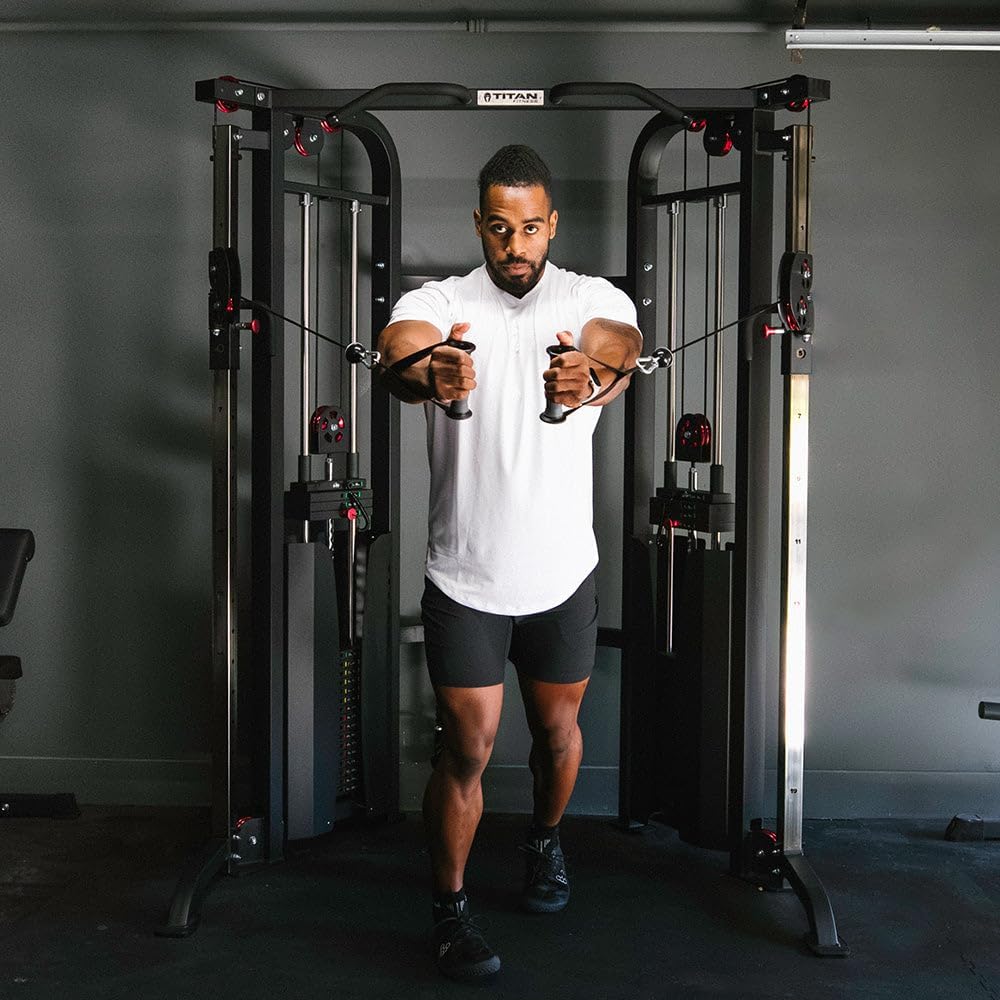 Titan Fitness Functional Trainer Cable Crossover Machine, 200 LB Double Weight Stack, 2:1 Cable Pull Station, Home Gym Workout Weight Training Machine with Attachments