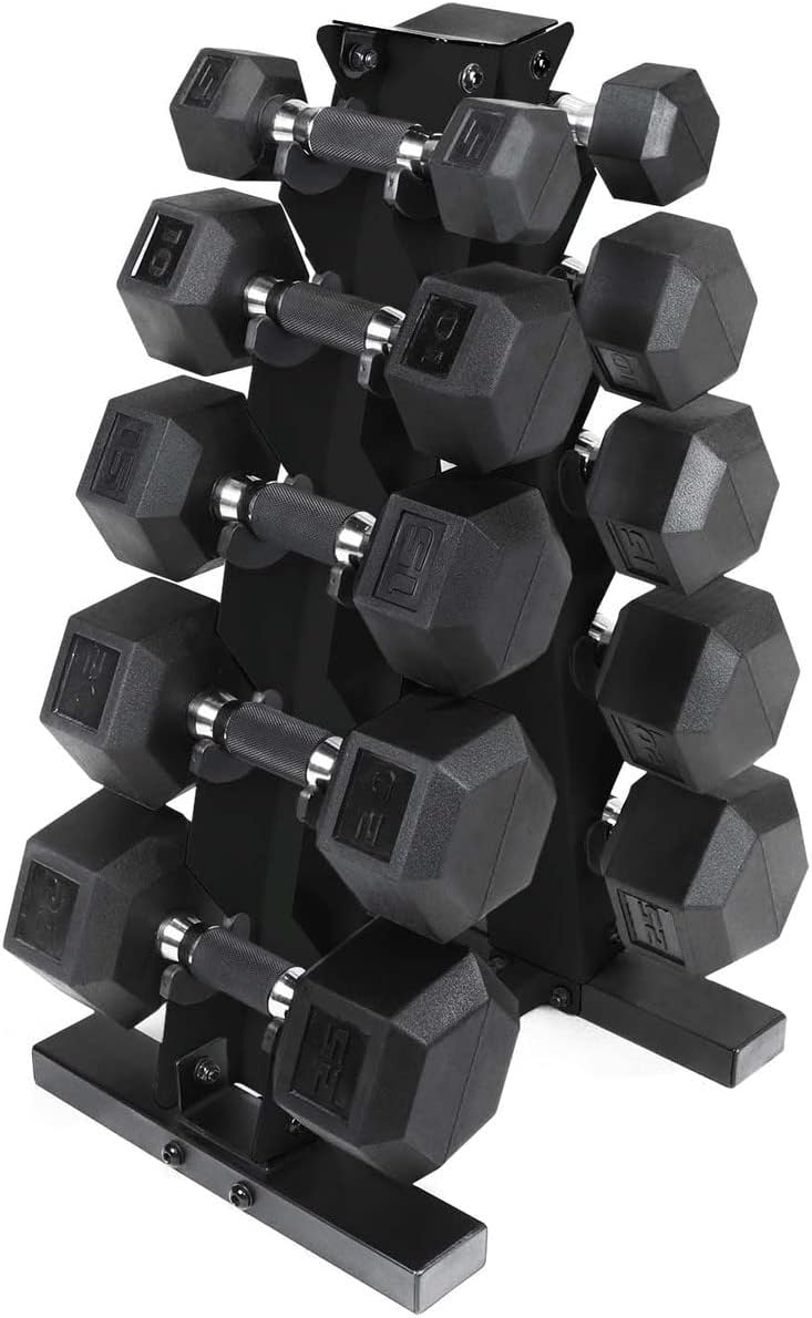 WF Athletic Supply Rubber Encased Hex Dumbbells with Rubber Grip Contoured Handle for Muscle Toning, Strength Building & Full Body Workout