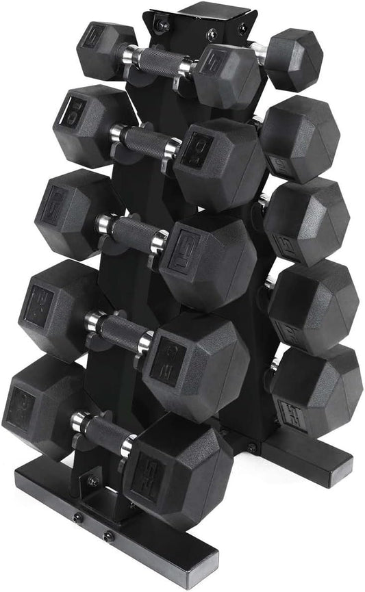 WF Athletic Supply Rubber Encased Hex Dumbbells with Rubber Grip Contoured Handle for Muscle Toning, Strength Building & Full Body Workout