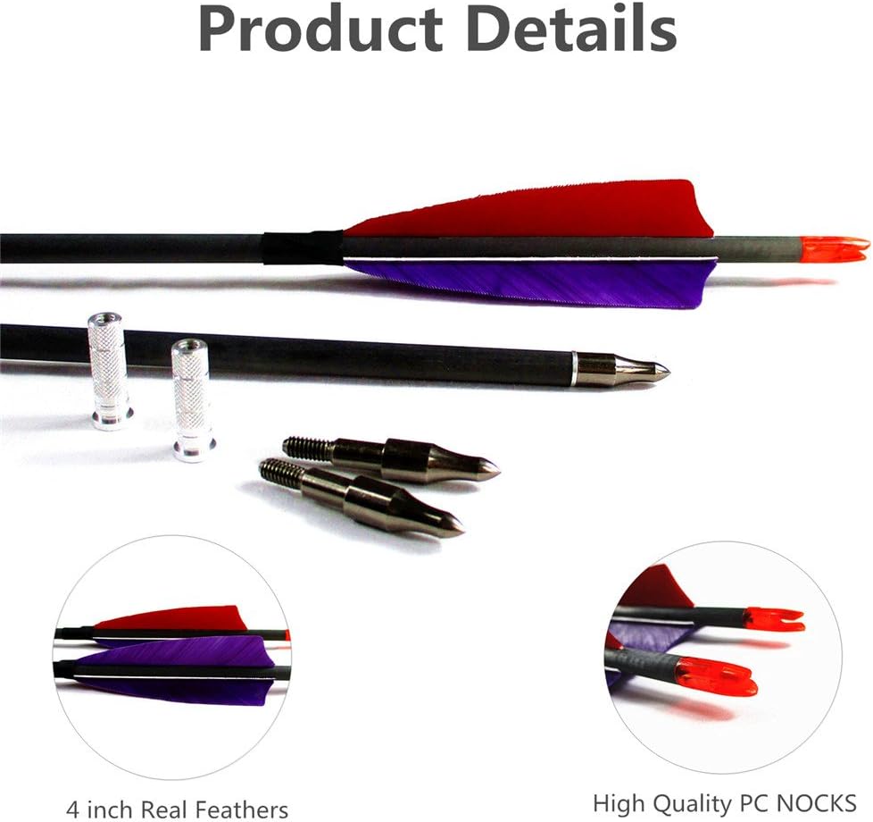 600 Spine Pure Carbon Arrows with Real Turkey Feathers Removable 100 Grain Tips Plastic Nocks for Archery Target Hunting