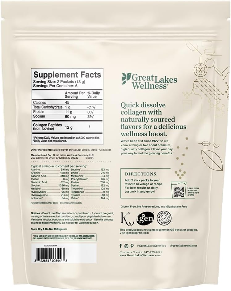 Great Lakes Wellness Collagen Peptides Powder for Skin, Hair, Nails, Joints & Digestion - Variety Flavors - Quick Dissolve Hydrolyzed, Non-GMO, Kosher - 12 Sticks