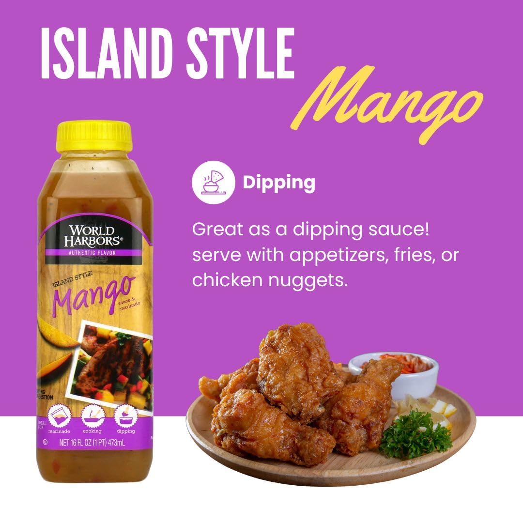 World Harbors Island Mango Sauce & Marinade - Low-Calorie, Sweet & Tangy Perfect Sauce for Chicken, Fish, Beef, Wings, Dipping, Stir-Frying, Salad Dressing. Made in USA 16-Fl Oz Bottle (Pack of 6)