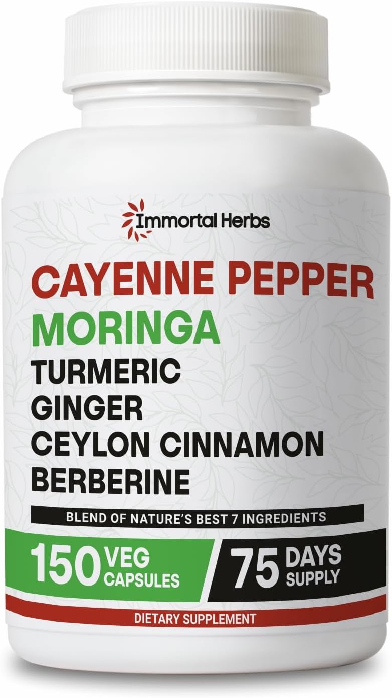 Cayenne Pepper Moringa Turmeric Ginger Capsules, 150 Pills, Gut Health Supplement w/Extra Strength, Non-GMO & Gluten Free, Pure Berberine HCL and Ceylon Cinnamon Extract Powder